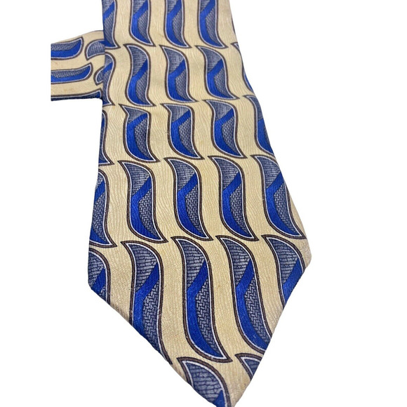 Villa Bugatti Tie All Silk Tan Blue Geometric Pattern Career Professional 3.5" - Picture 1 of 8